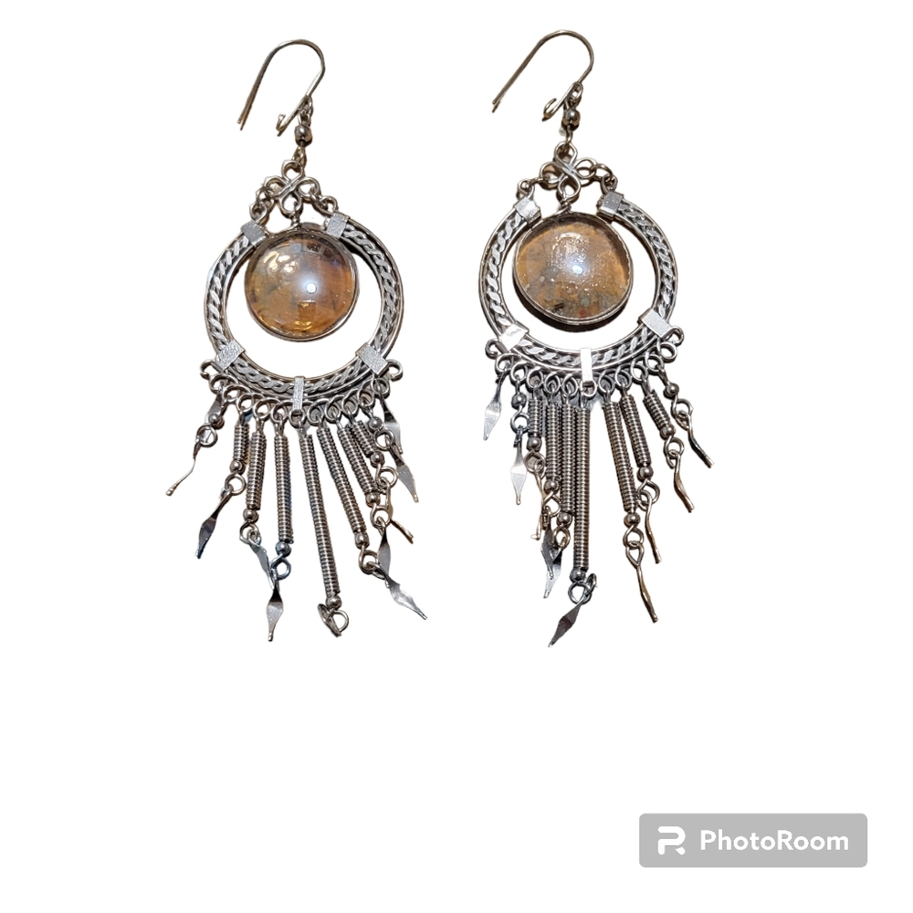Peruvian Alpaca silver with clear/pale peach stone dangle Chandelier ear…